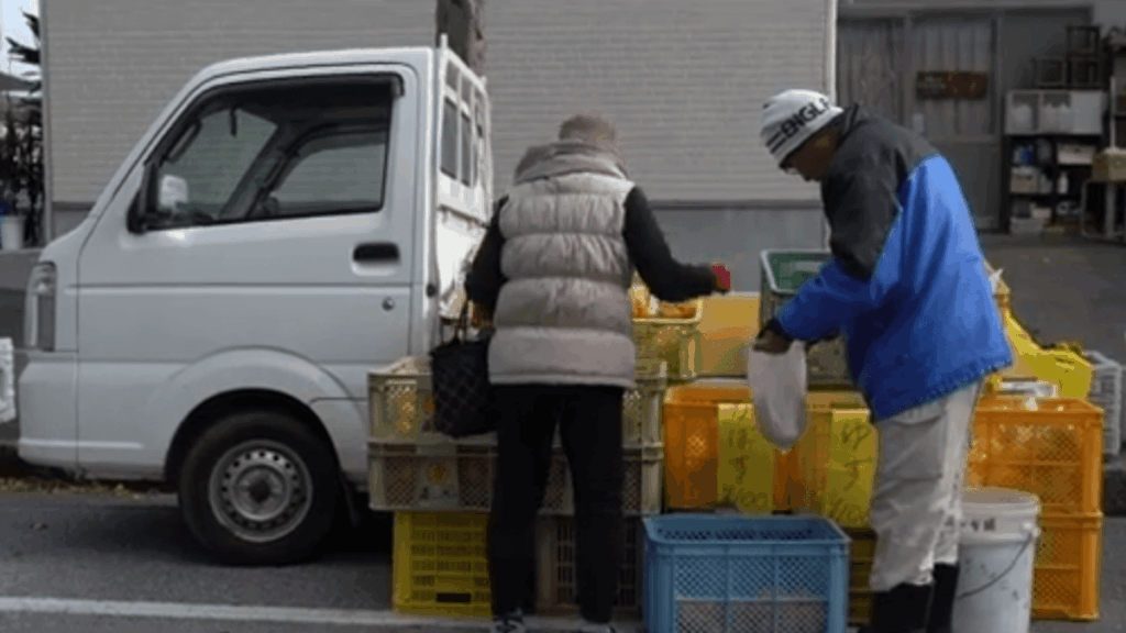 大分県津久見市の軽トラ市で軽トラックに積まれた野菜や果物を選んでいるお客さんと販売者のバナー